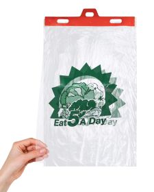 Pack of 2000 Low Density Produce Bags 11 x 17 + 2 LP. Ultra Thin Polyethylene bags on headers 11x17. Printed Eat 5 A Day. 0.55 Mil Thickness. Clear Pl